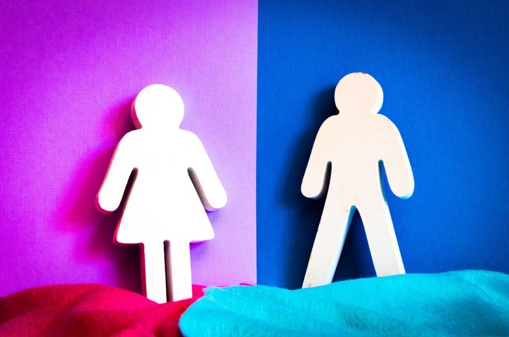 Pink and blue signs for gender discrimination